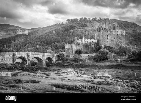 Black And White Effect Of The Bridge Of Eilean Donan Castle Stock Photo