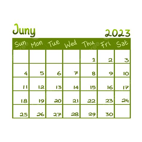 Handwriting Calendar 2023 Juny Green Theme 2023 Calendar Juny Png
