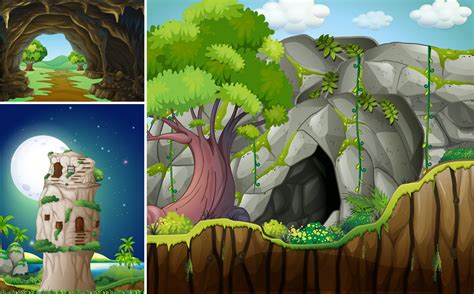 Three Scenes With Cave And Mountain 418471 Vector Art At Vecteezy