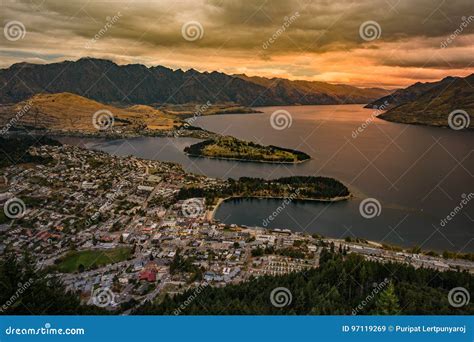 Cityscape Of Queenstown And Lake Wakaitipu With The Remarkables In The
