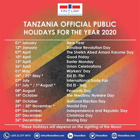 Tanzania Official Public Holidays For The Year 2020 Fin And Law