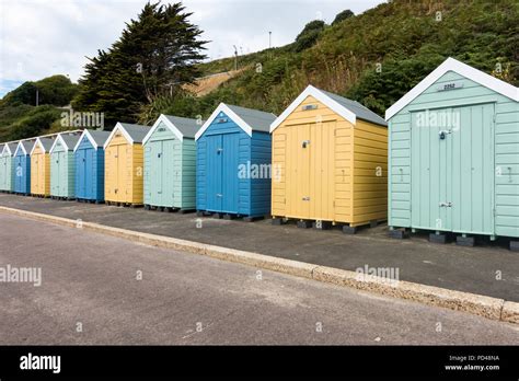 Coloured Beach Huts Along Bournemouth Seafront Dorset Uk Stock Photo