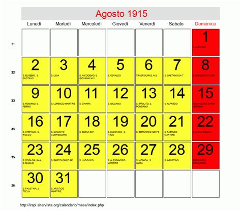 Calendario Di Agosto 1915