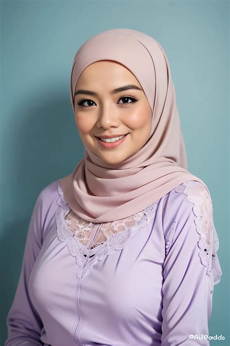 Matured Malay Women In Hijab Wearing Sexy Satin Lace Lilac Color Bra And Panties Portrait