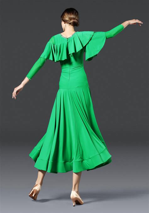 Green Luxury Crepe With Ruffled Ballroom Smooth Practice Dance Dress