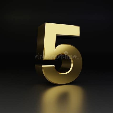 Golden Number 5 3d Render Shiny Metal Font Isolated On Black