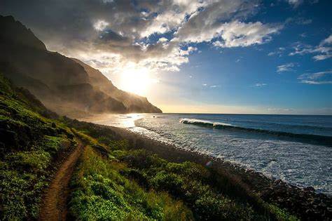 Hd Wallpaper Pacific Ocean Clouds Path Waves Sunlight Mountain