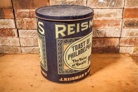 vintage reisman s pretzel tin philadelphia pa toast of philadelphia pretzel storage tin blue