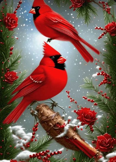 Two Red Birds Sitting On Top Of A Tree Branch Next To Snow Covered Branches And Berries