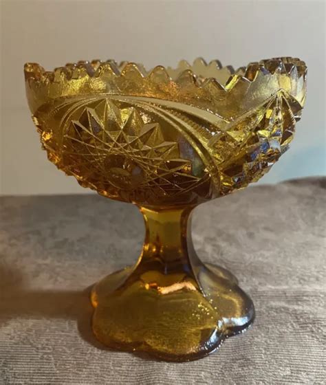 Vintage Amber Glass Pedestal Footed Compote Bowl Sawtooth Edge Candy