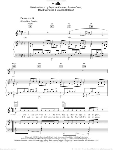 Beyonce Hello Sheet Music For Voice Piano Or Guitar Pdf