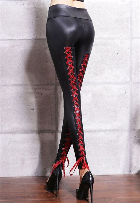 her red contrast lace up back stretch leather leggings lace up leggings leather leggings