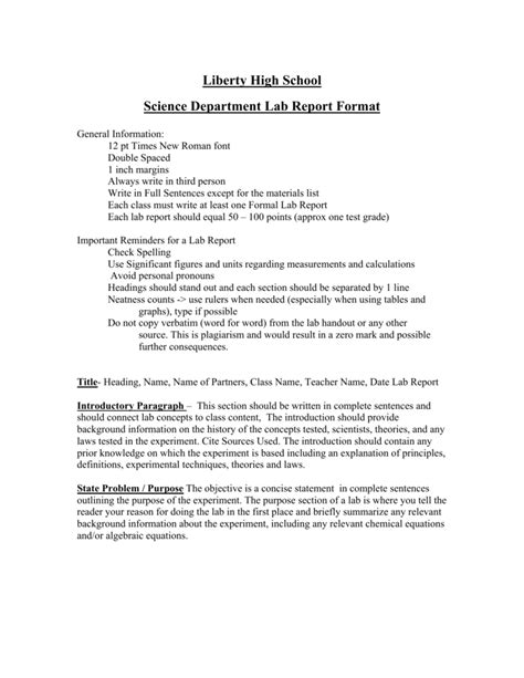 High School Lab Reports Science Lab Report Template Fill In The Blanks