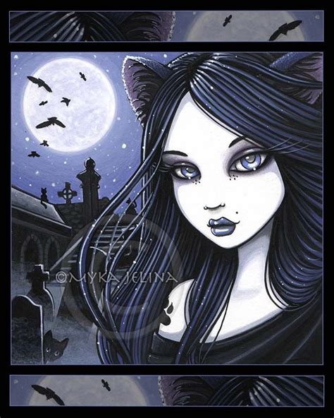 Gothic Black Cat Girl Cemetery Moon Lila Ltd Edition Canvas Embellished