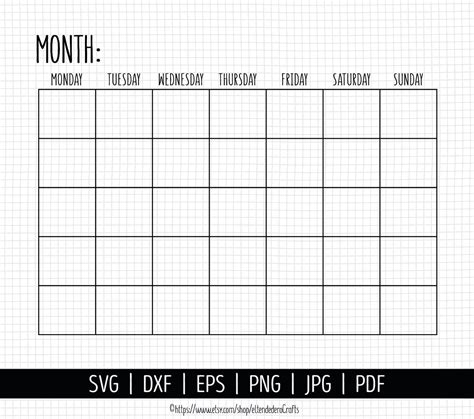 Blank Calendar Svg Digital Monthly Calendar Vector Cut Files Etsy