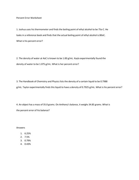 The purpose of determining the percent error is to ascertain the difference. Percent Error Worksheet practice