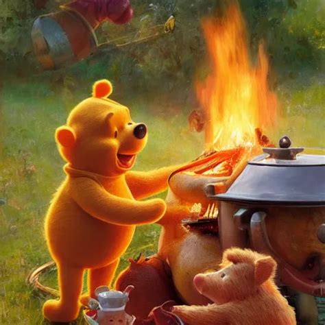 Close Up Of Winnie The Pooh Cooking A Hog Roast Stable Diffusion