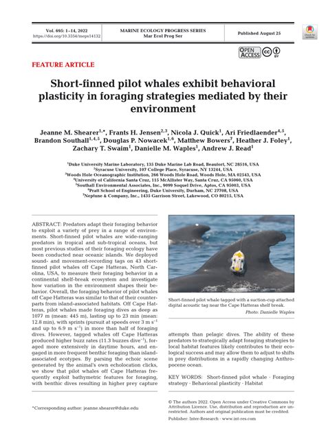 PDF Short Finned Pilot Whales Exhibit Behavioral Plasticity In Foraging Strategies Mediated By