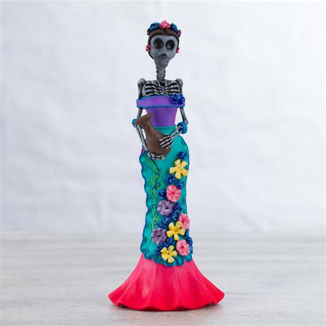 Hand Painted Catrina Sculpture In Strawberry And Violet Catrina With