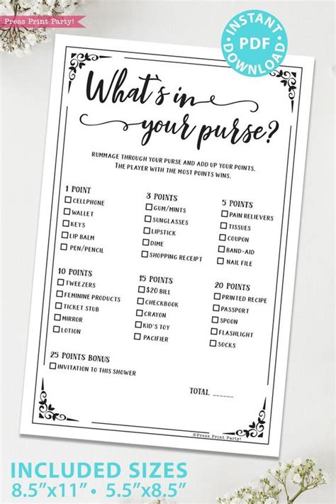 what in your purse game printable free bridal shower