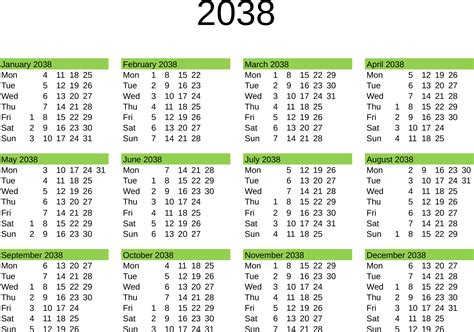 Year 2038 Calendar In English 22819449 Vector Art At Vecteezy