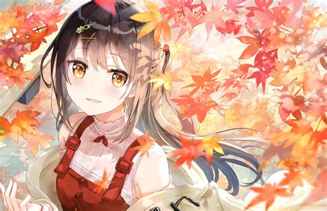 Download 3500x2267 Anime Girl Brown Hair Autumn Long Hair Dress Wallpapers Wallpapermaiden