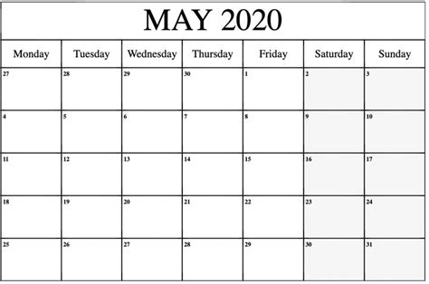 May 2020 Blank Calendar Editable Excel Printable Blank Calendar Template