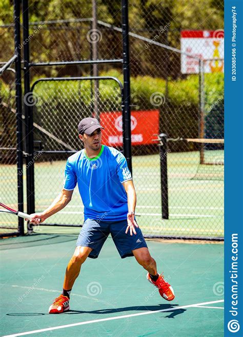 Amateur Male Tennis Player Practicing On A Sunny Day Editorial Photo