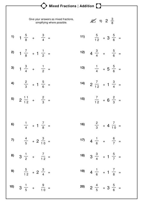 Mixed Fraction Addition Worksheet For 5th 6th Grade Lesson Planet