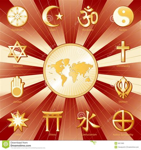 One World Many Faiths And Religions Red And Gold Stock