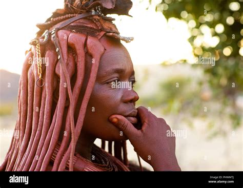 Thoughtful Himba Tribe Woman Cunene Province Oncocua Angola Stock