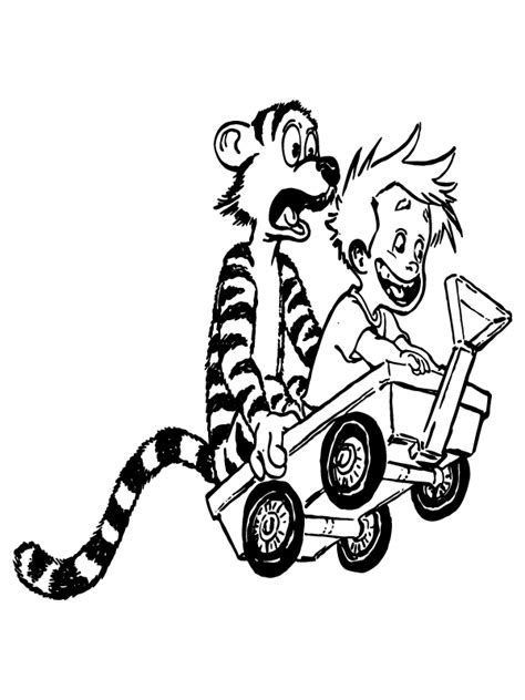 Calvin And Hobbes Riding Wagon Cart Coloring Page Free Printable