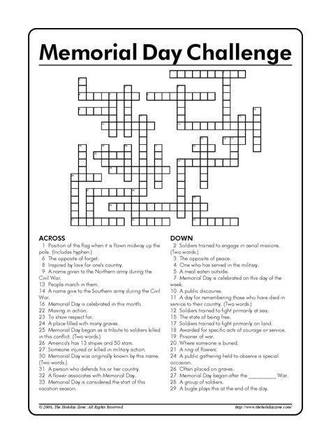 Free Printable Crossword Puzzles For Memorial Day