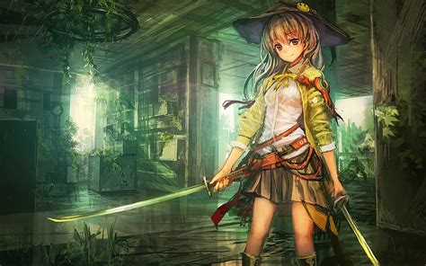 Girl Anime Holding Two Swords Digital Wallpaper Hd Wallpaper
