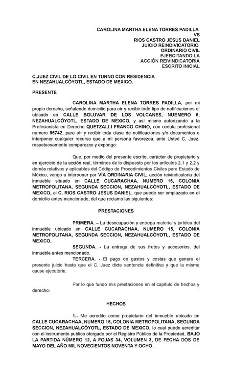 Escrito De Demanda De Juicio Ordinario Civil Guarda Y Custodia Y My PDMREA
