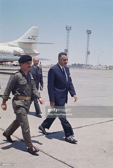 King Hussein Of Jordan On Left Walks With President Of Egypt Gamel