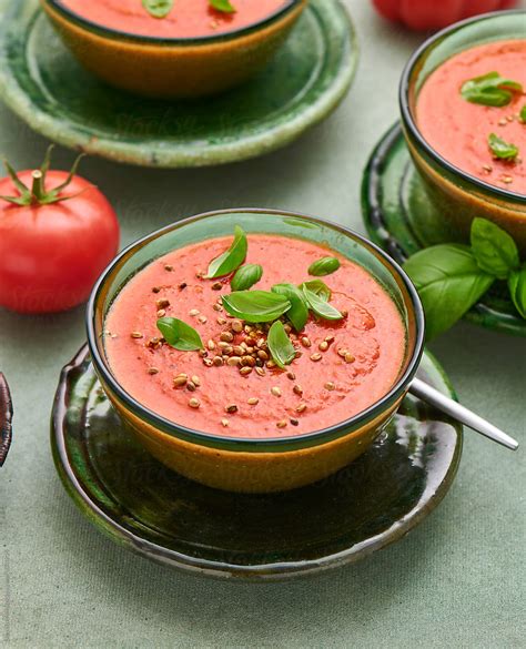 Delicious Chilled Gazpacho In Green Bowls By Stocksy Contributor Darren Muir Stocksy