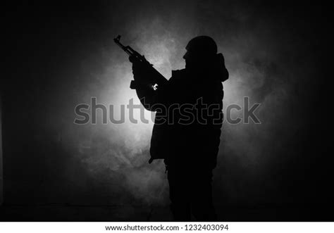 Silhouette Man Assault Rifle Ready Attack Stock Photo 1232403094