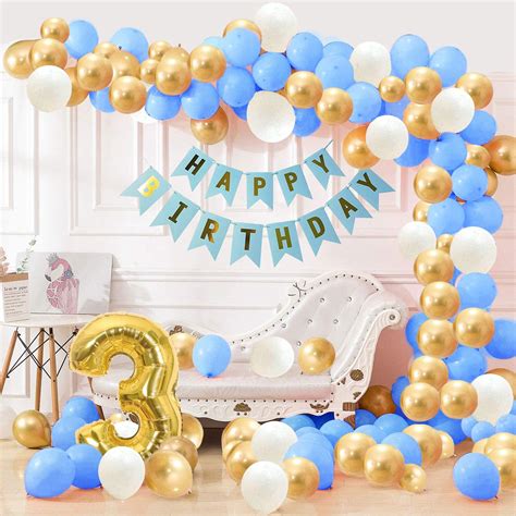 3rd Happy Birthday Balloons Decoration Kit Items Combo Blue Gold White