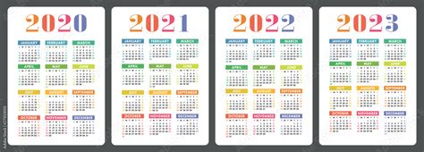 Calendar 2020 2021 2022 And 2023 English Colorful Vector Set