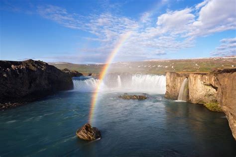 Godafoss Waterfall And Rainbow On A Sunny Morning Stock Photo Image