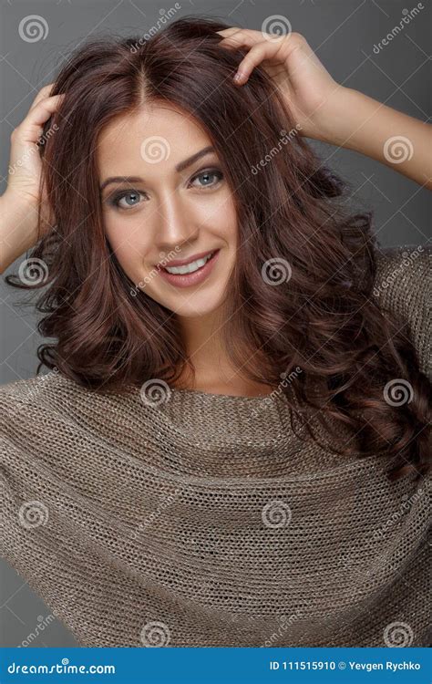 Brunette Woman With Shiny Long Curly Hair Stock Photo Image Of Female