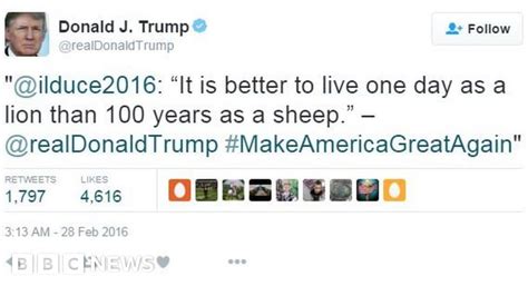 Trump Retweets Quote Attributed To Fascist Leader Mussolini Bbc News