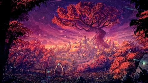 Wallpaper Fantasy Landscape Village Sacred Tree Tablets Magical Autumn