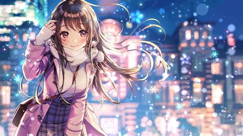 Download 1920x1080 Beautiful Anime Girl Coat Smiling Winter Snowflakes Buildings Wallpapers