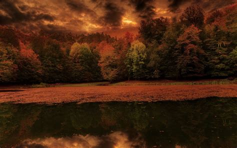 Nature Landscape Lake Leaves Forest Fall Sunset Sky Trees Clouds Water
