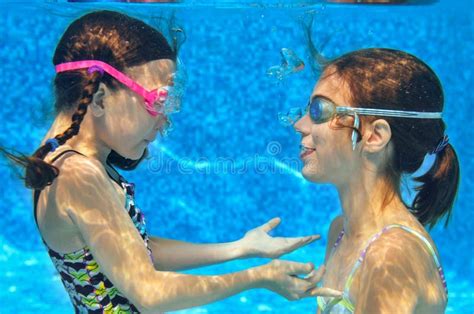 Children Swim Pool Underwater Happy Active Girls Goggles Have Fun Under