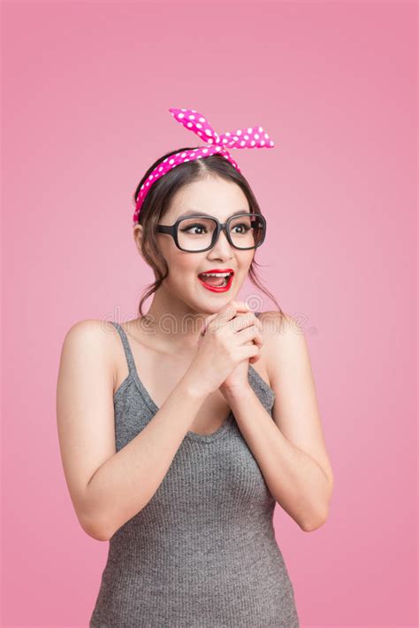 surprised asian girl with pretty smile in pinup makeup style stock image image of asia funny