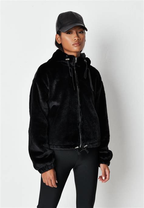 Petite Black Faux Fur Hooded Bomber Jacket Missguided