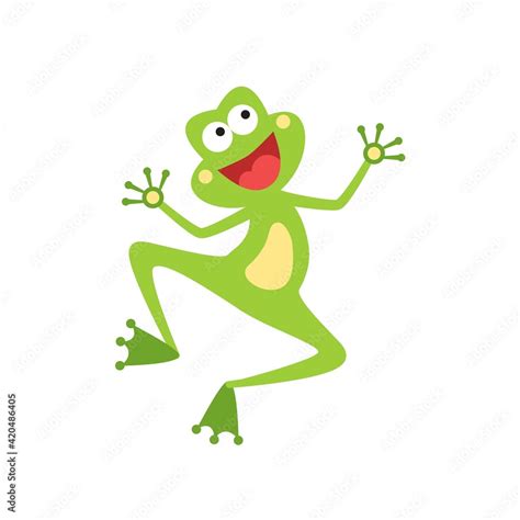 Cartoon Joyful Frog Jumping Isolated On White Smiling Toad Hopping